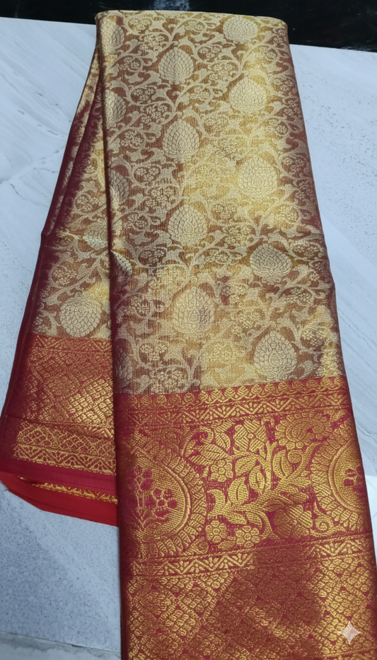 SJ001 Luxurious Gold Silk Blend Saree with Ruby Red Kanchipuram Style Zari Border