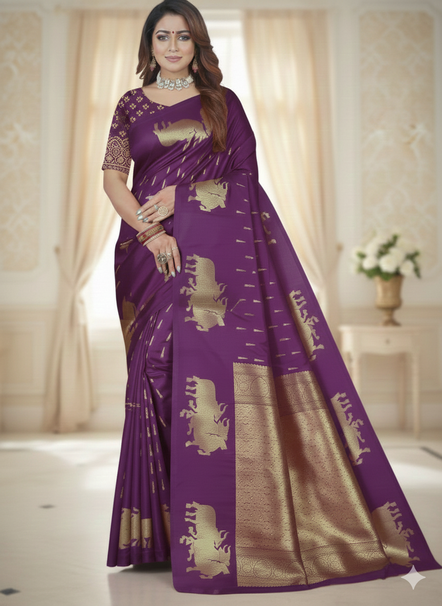 SJ019 MULBERY SILK BULL COW ZARI PRINT