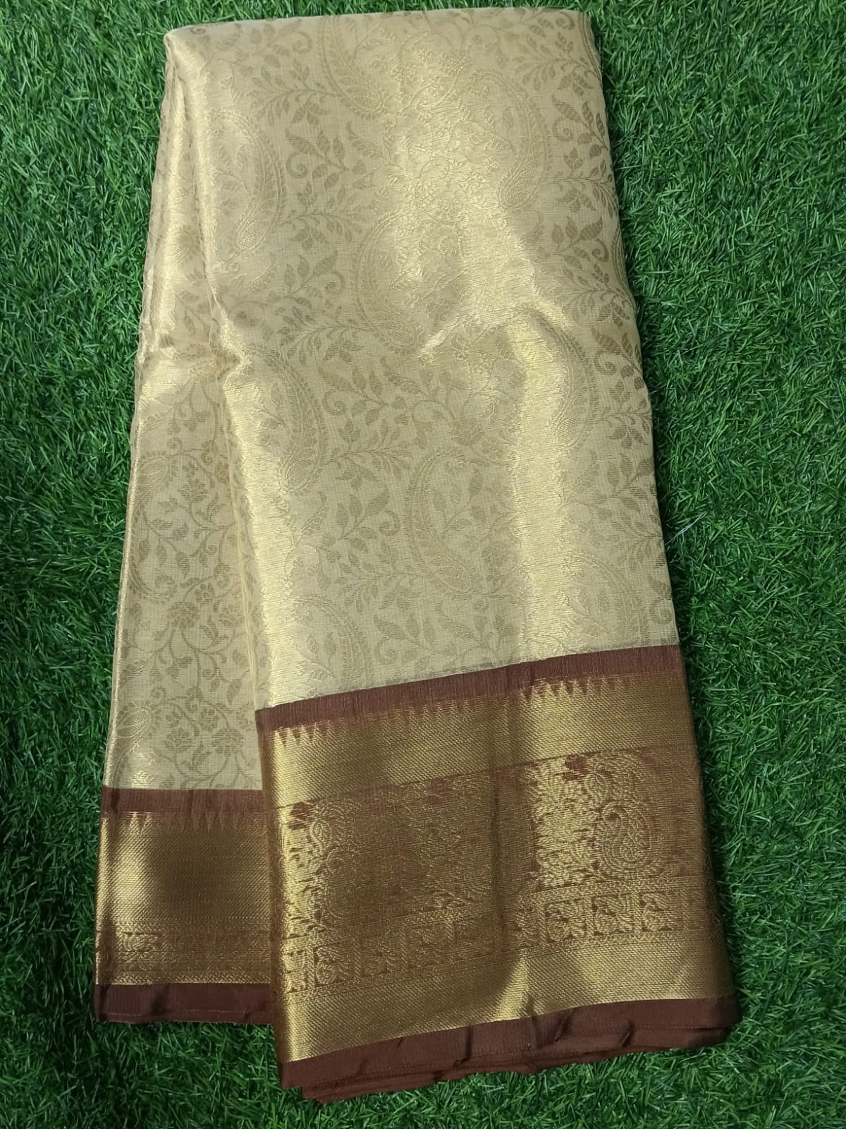 SJ056 kathan silk saree golden saree with brown border