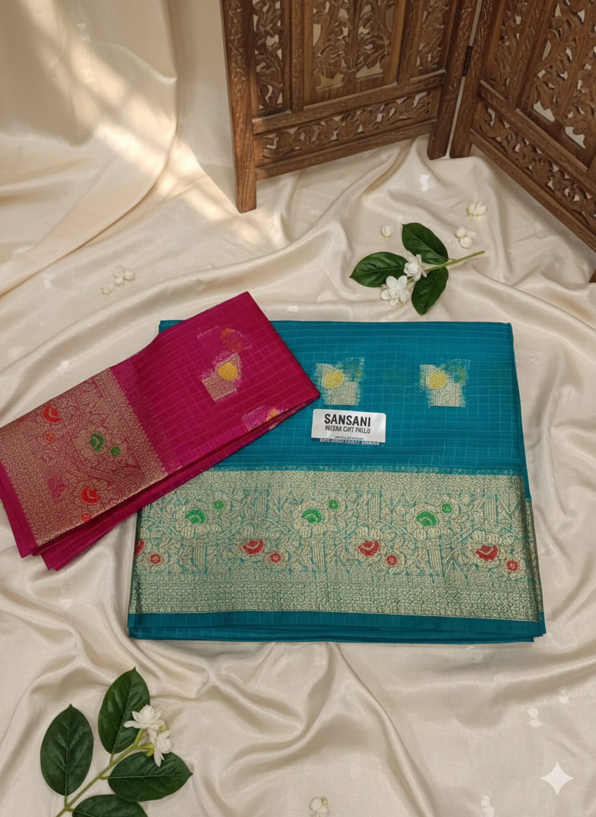 SJ025 SHIFON METERIAL LONG BORDER MEENA KARRI WORK WITH CONTREST BLOUSE