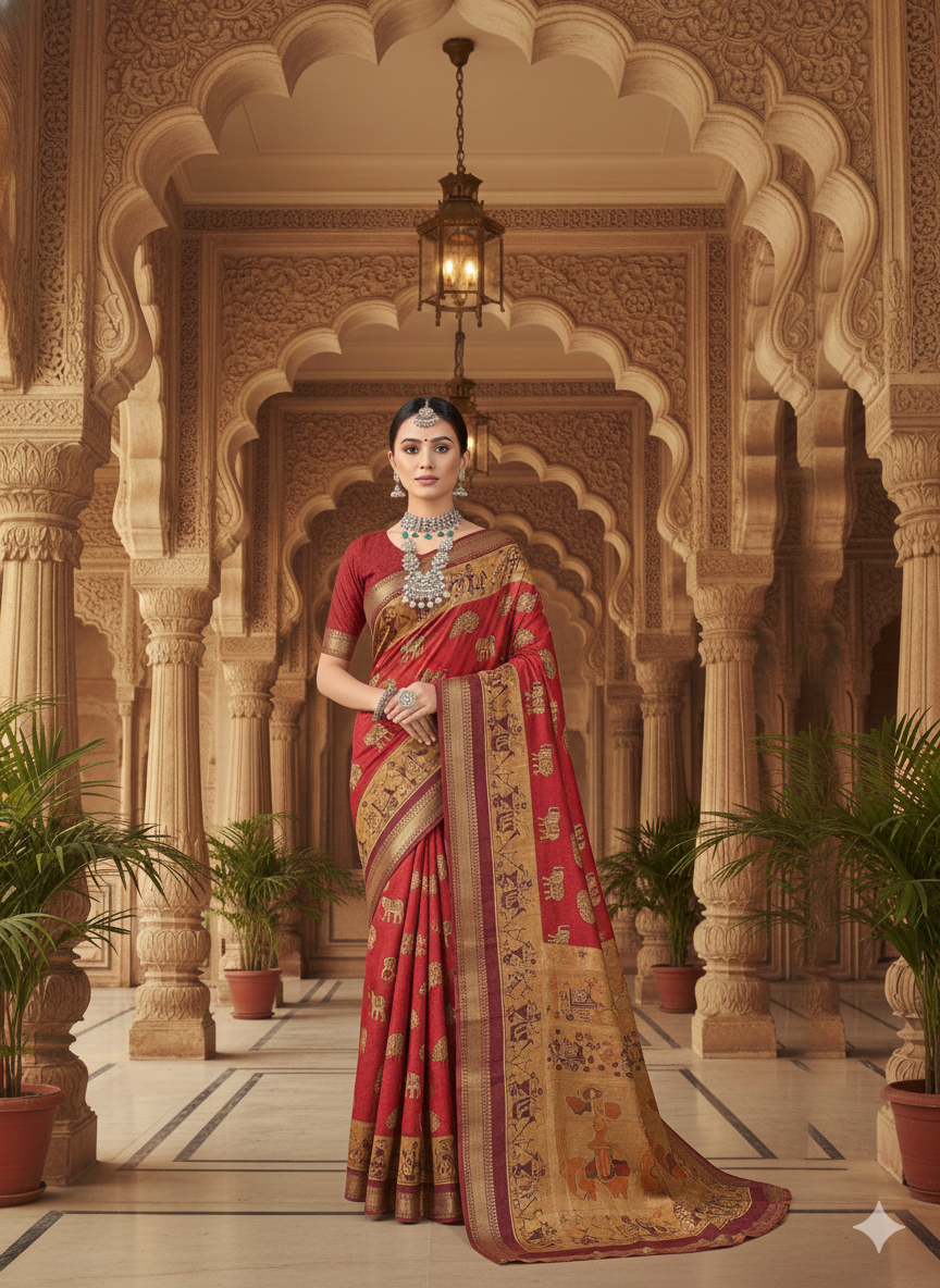 SJ031 OPULENT KALAMKARI SAREE WITH CONTRAST BLOUSE