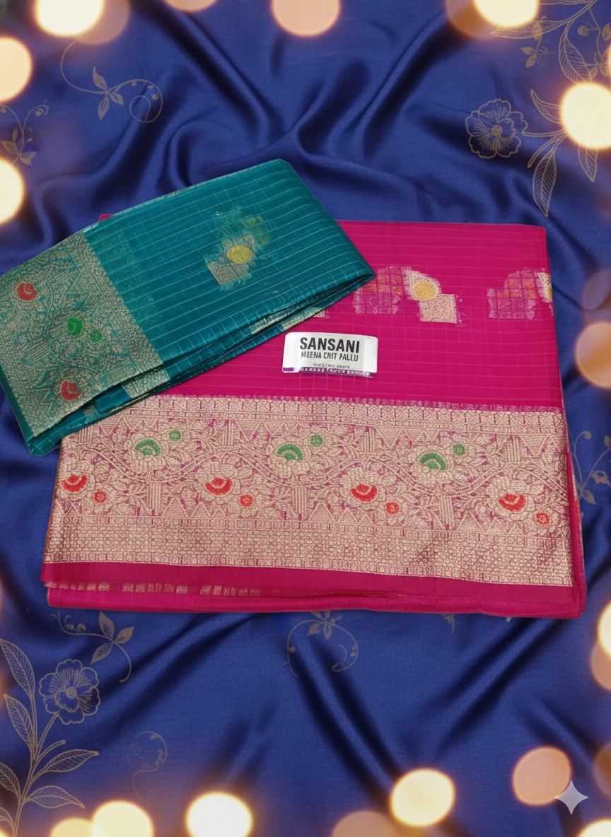 SJ025 SHIFON METERIAL LONG BORDER MEENA KARRI WORK WITH CONTREST BLOUSE