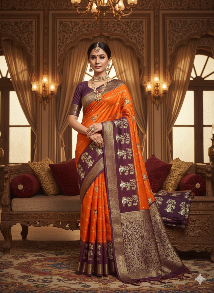 SJ030-RUSTY ORANGE SAREE WITH DEEP PLUM BORDER