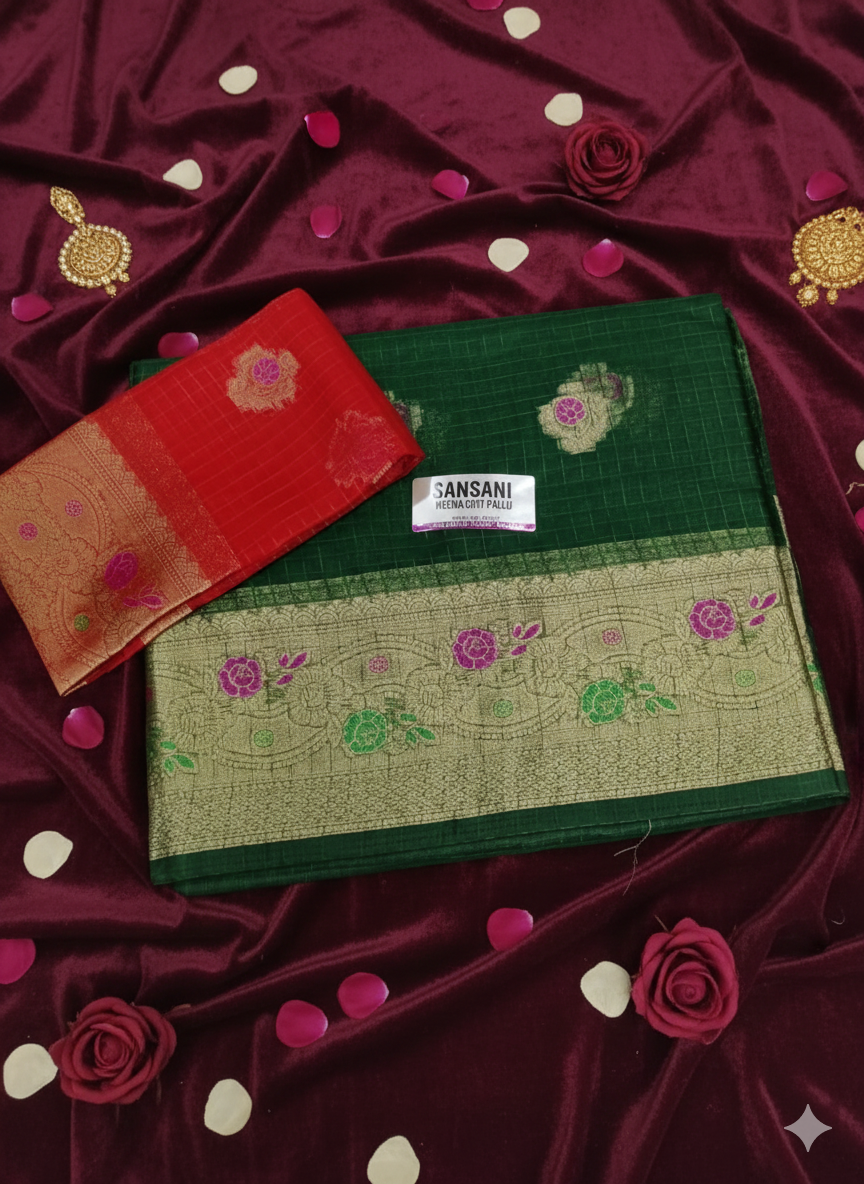 SJ025 SHIFON METERIAL LONG BORDER MEENA KARRI WORK WITH CONTREST BLOUSE