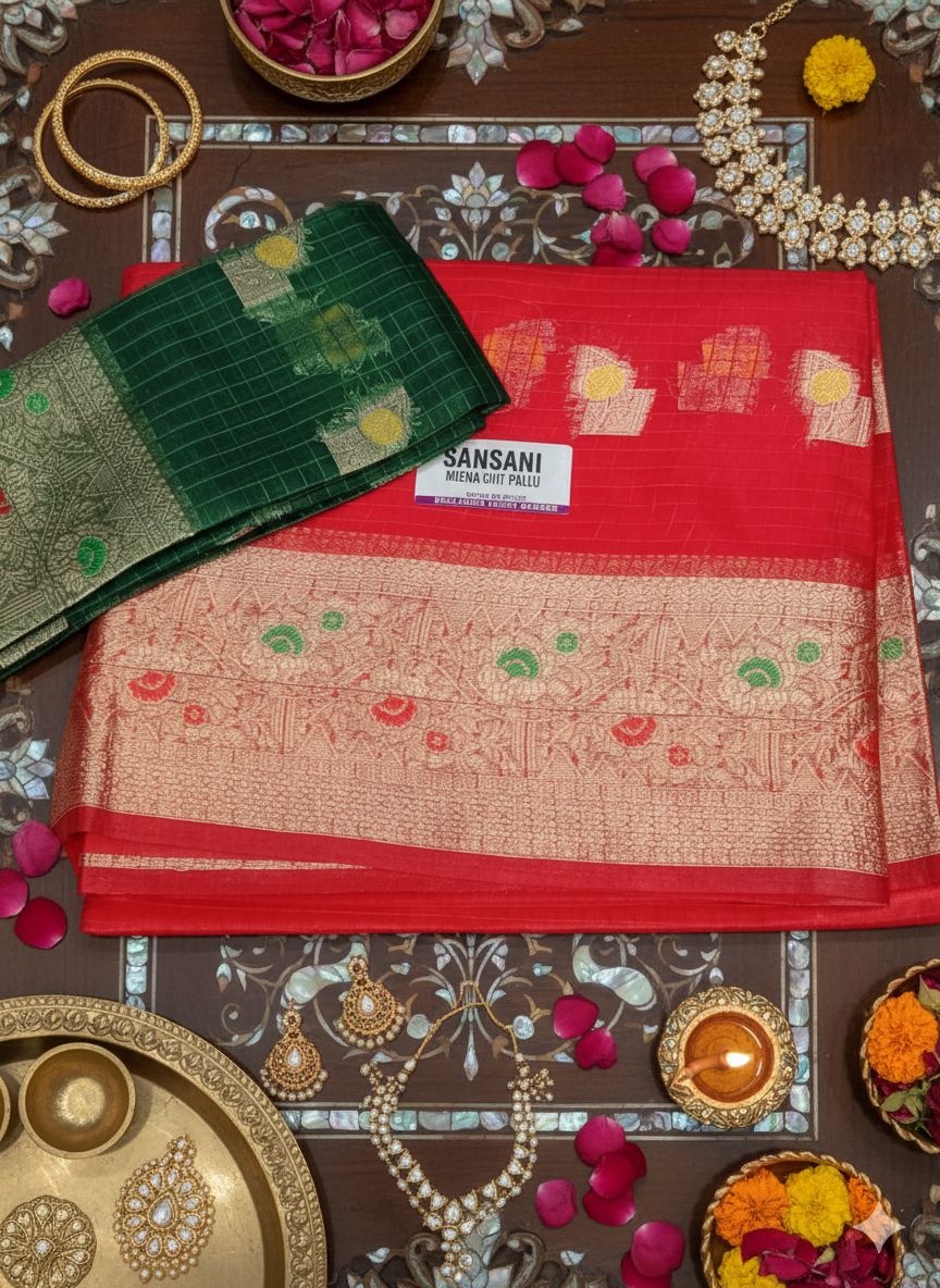 SJ025 SHIFON METERIAL LONG BORDER MEENA KARRI WORK WITH CONTREST BLOUSE