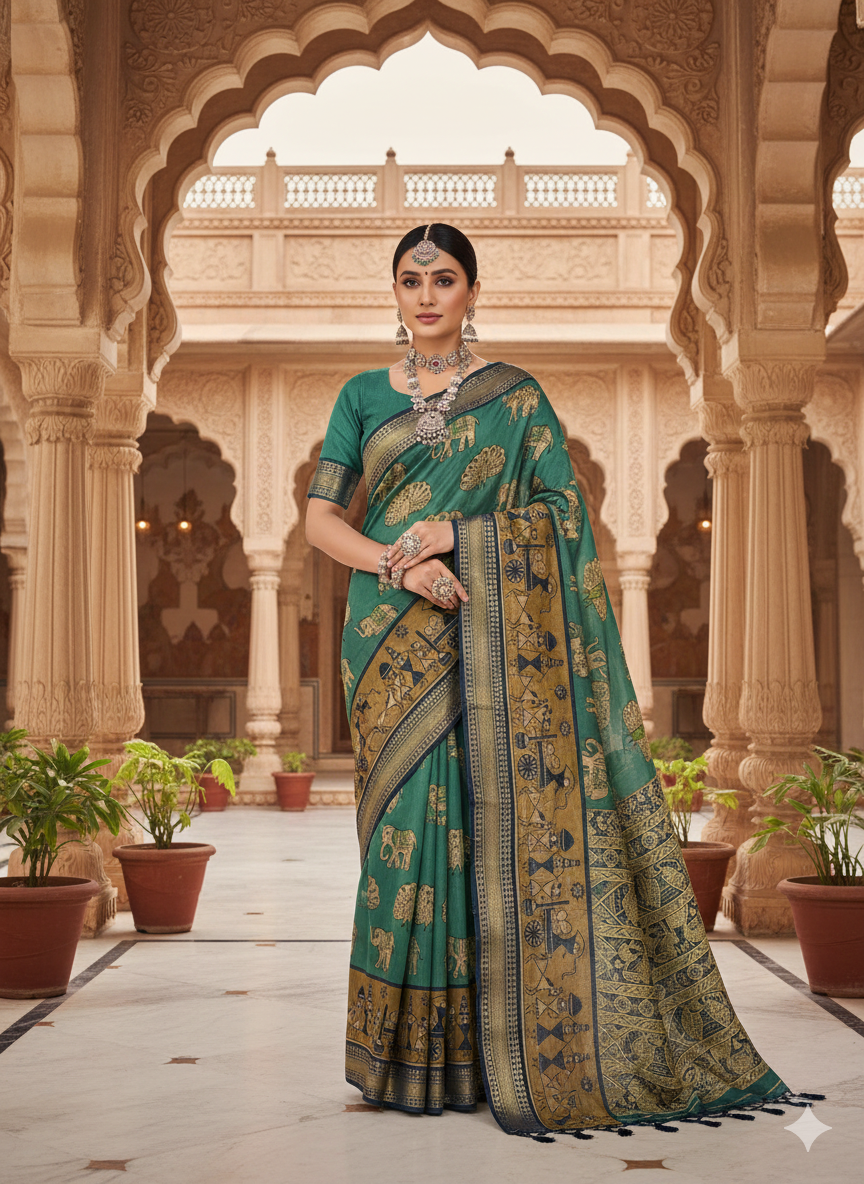 SJ031 OPULENT KALAMKARI SAREE WITH CONTRAST BLOUSE