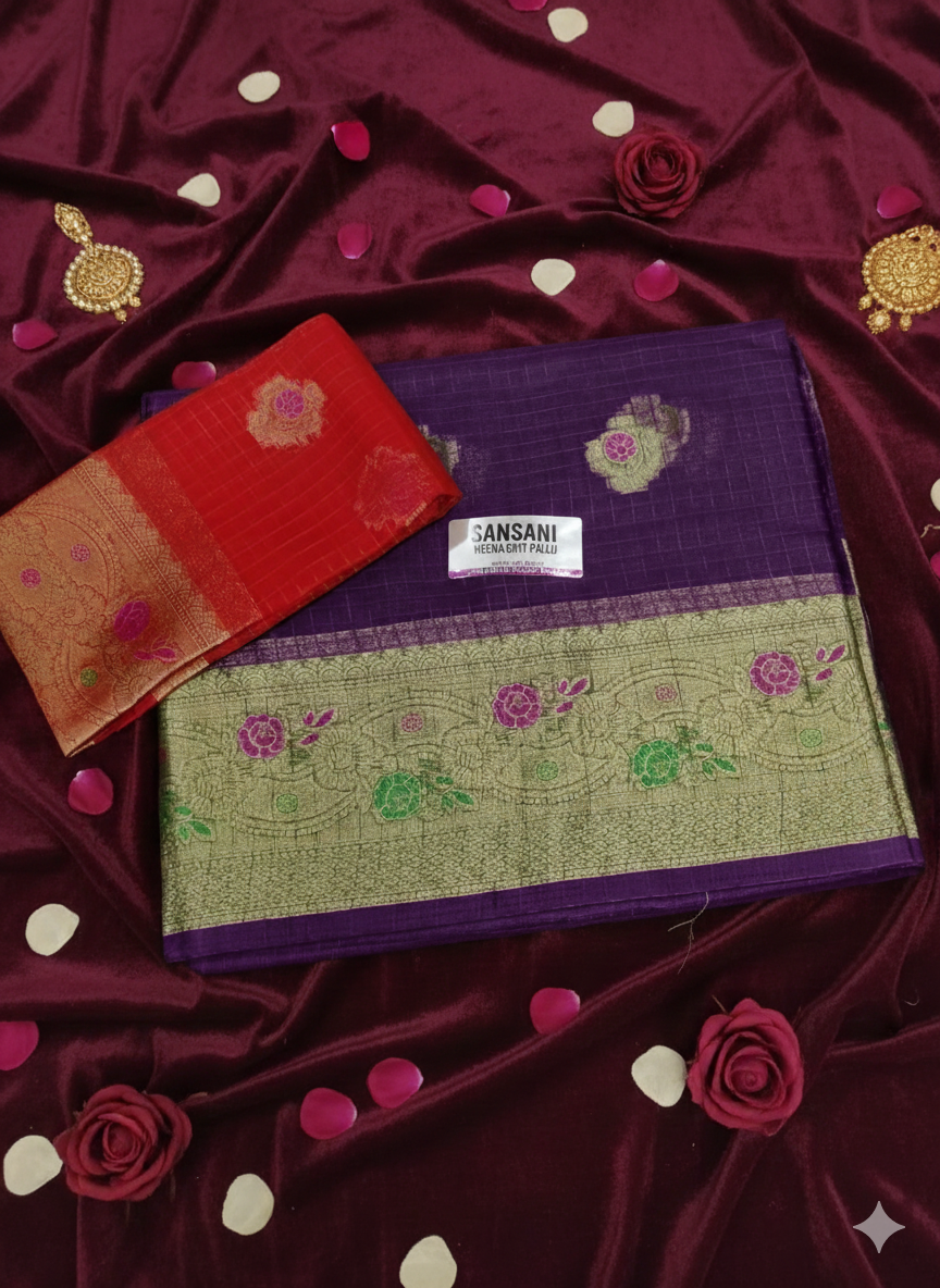 SJ025 SHIFON METERIAL LONG BORDER MEENA KARRI WORK WITH CONTREST BLOUSE