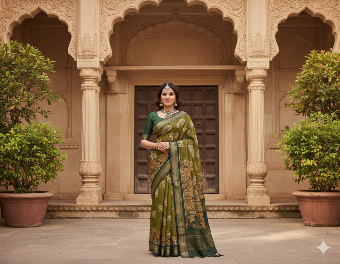 SJ031 OPULENT KALAMKARI SAREE WITH CONTRAST BLOUSE