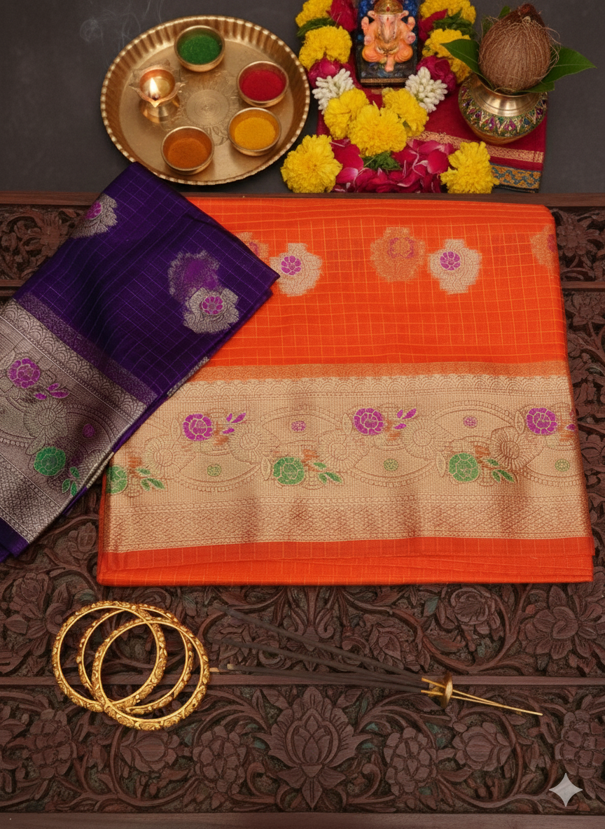 SJ025 SHIFON METERIAL LONG BORDER MEENA KARRI WORK WITH CONTREST BLOUSE