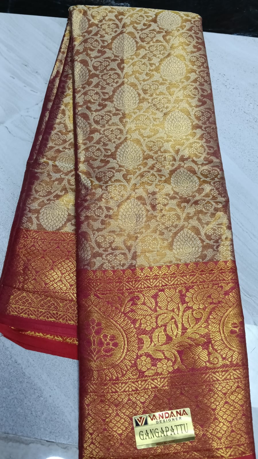 SJ001 Luxurious Gold Silk Blend Saree with Ruby Red Kanchipuram Style Zari Border