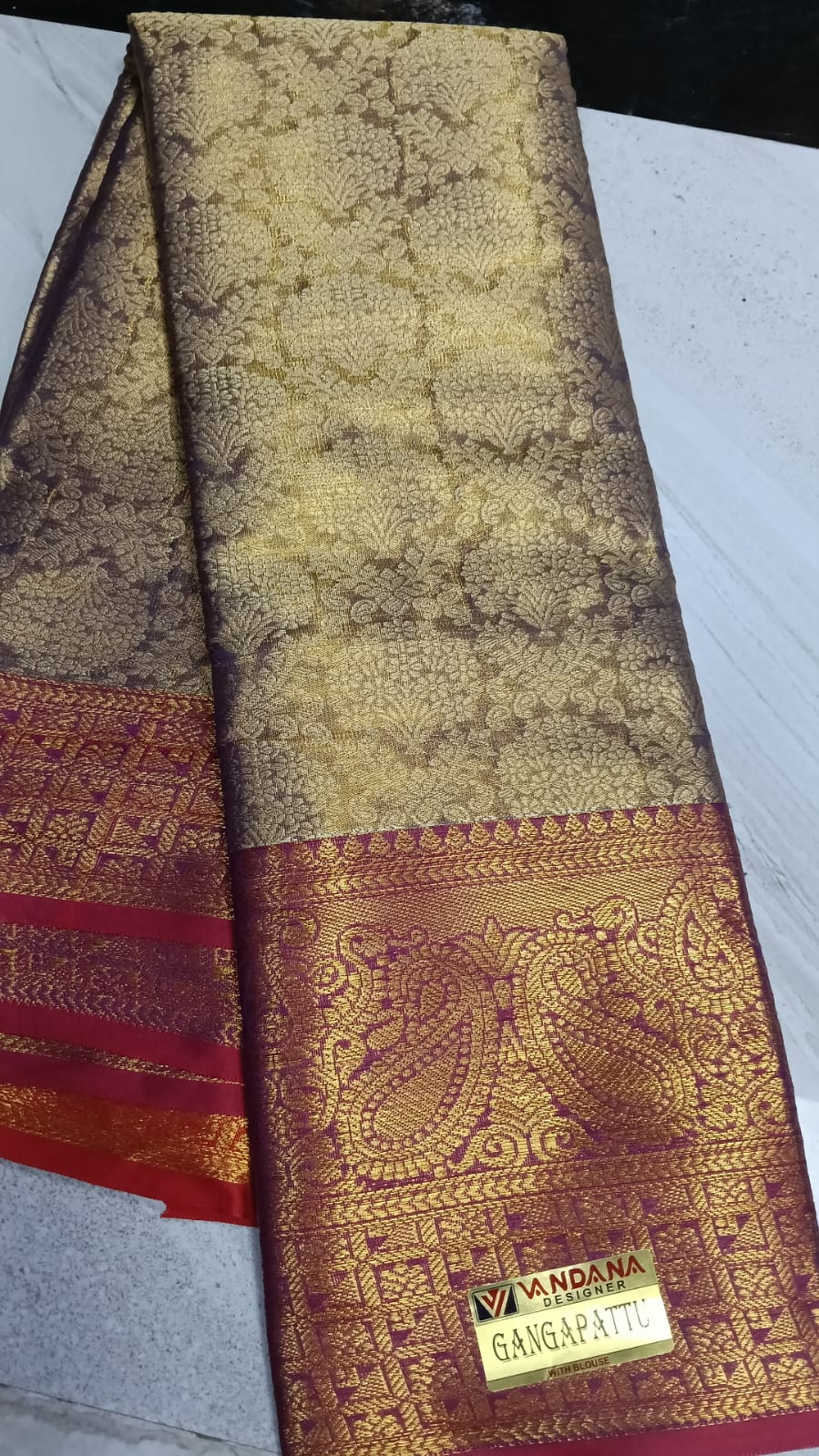 SJ001 Luxurious Gold Silk Blend Saree with Ruby Red Kanchipuram Style Zari Border