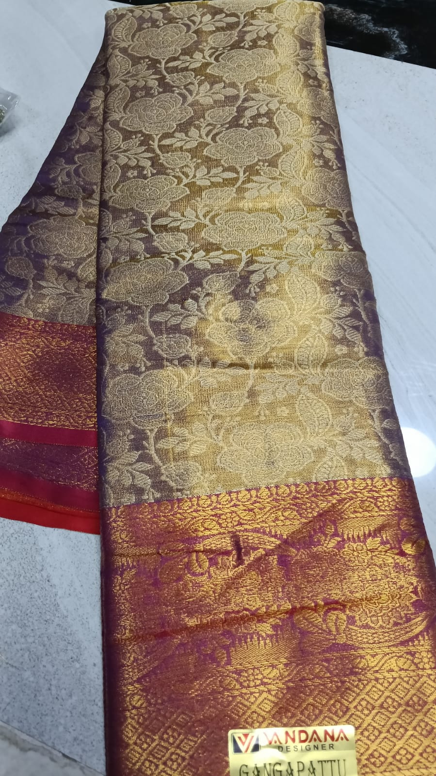 SJ001 Luxurious Gold Silk Blend Saree with Ruby Red Kanchipuram Style Zari Border