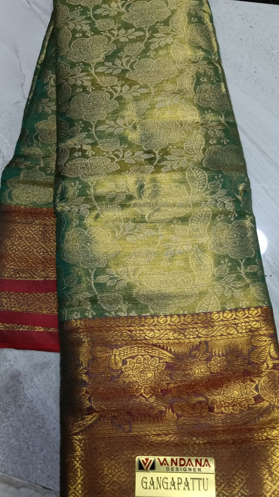 SJ001 Luxurious Gold Silk Blend Saree with Ruby Red Kanchipuram Style Zari Border