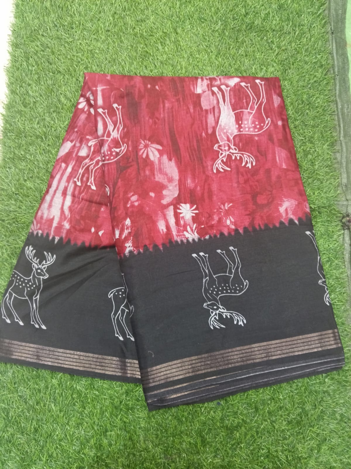 SJ092   DEER PRINTED  COTTON MIXED SAREE